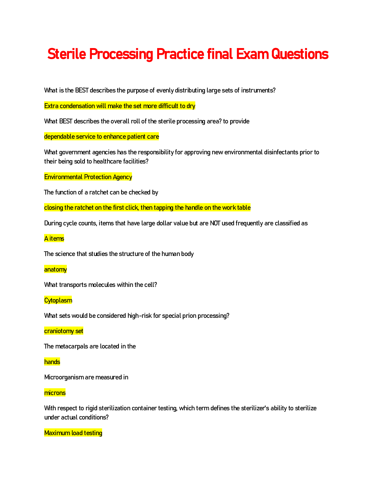 Preview of Sterile Processing Practice final Exam Questions